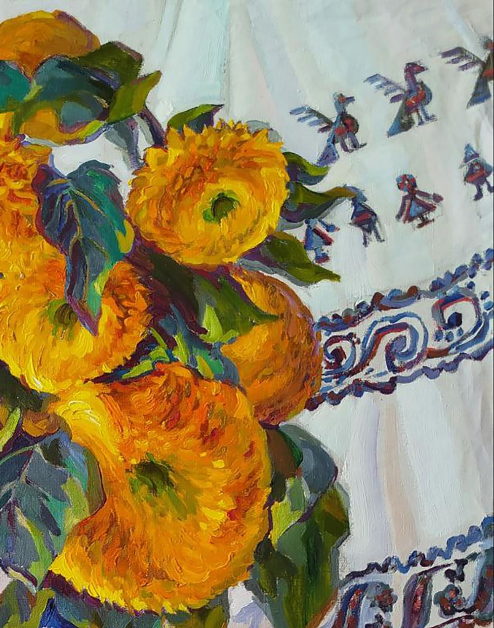 Oil painting of vibrant yellow autumn sunflowers by Leonid Pavlenko