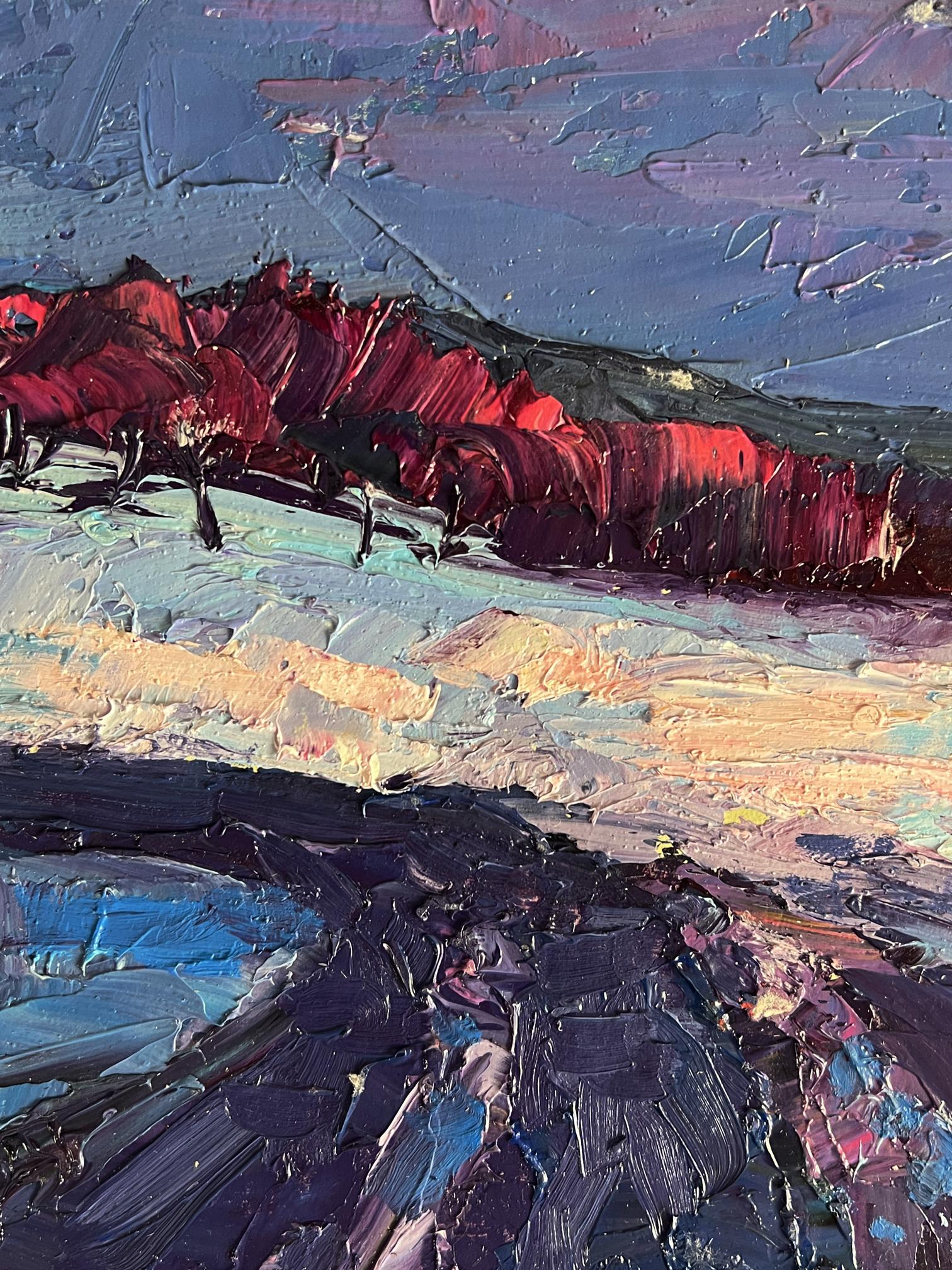 Oil painting Winter evening by Boris Serdyuk: vibrant red trees against textured sky