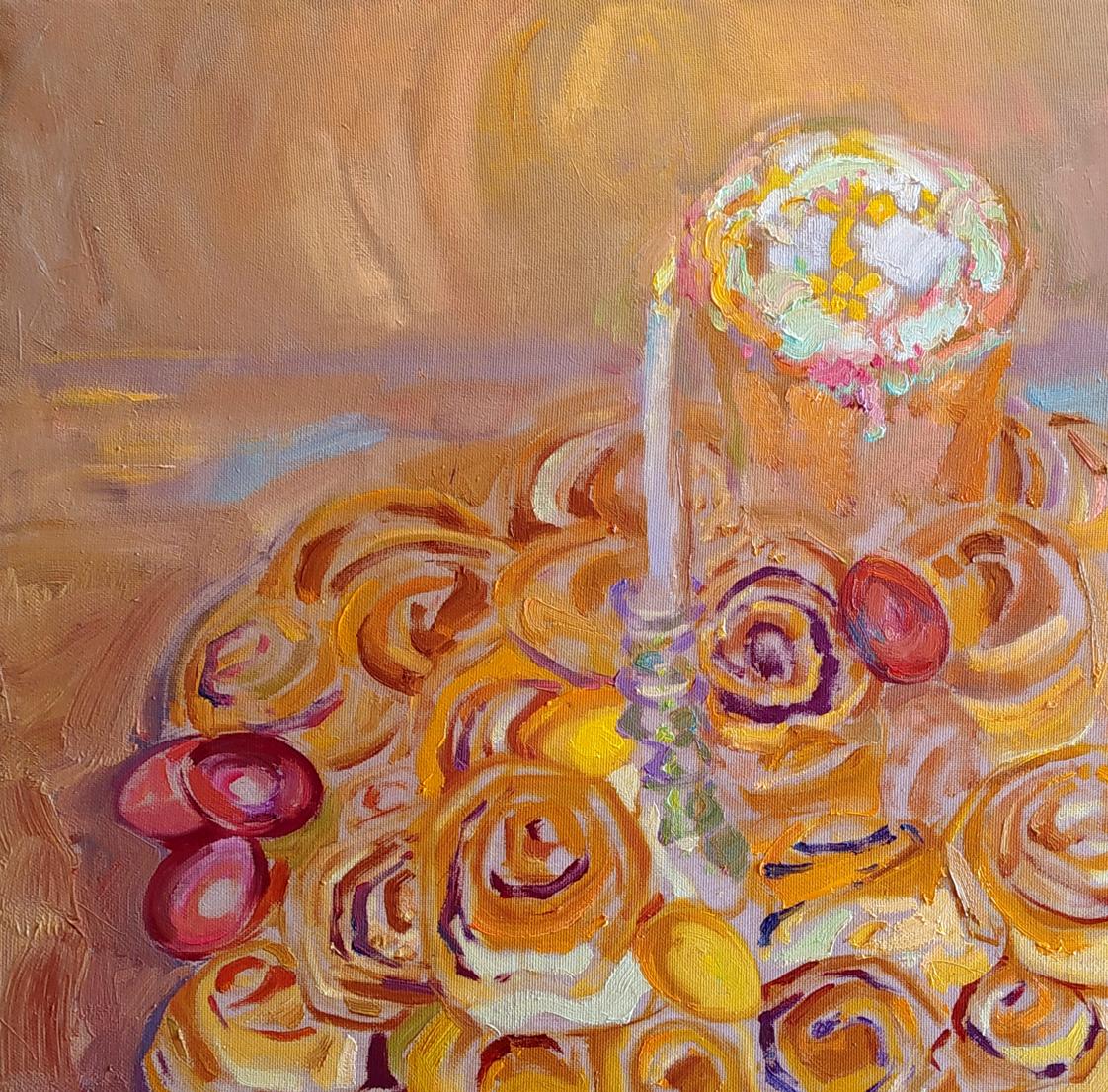 Oil painting of Easter still life cinnamon rolls by Leonid Pavlenko