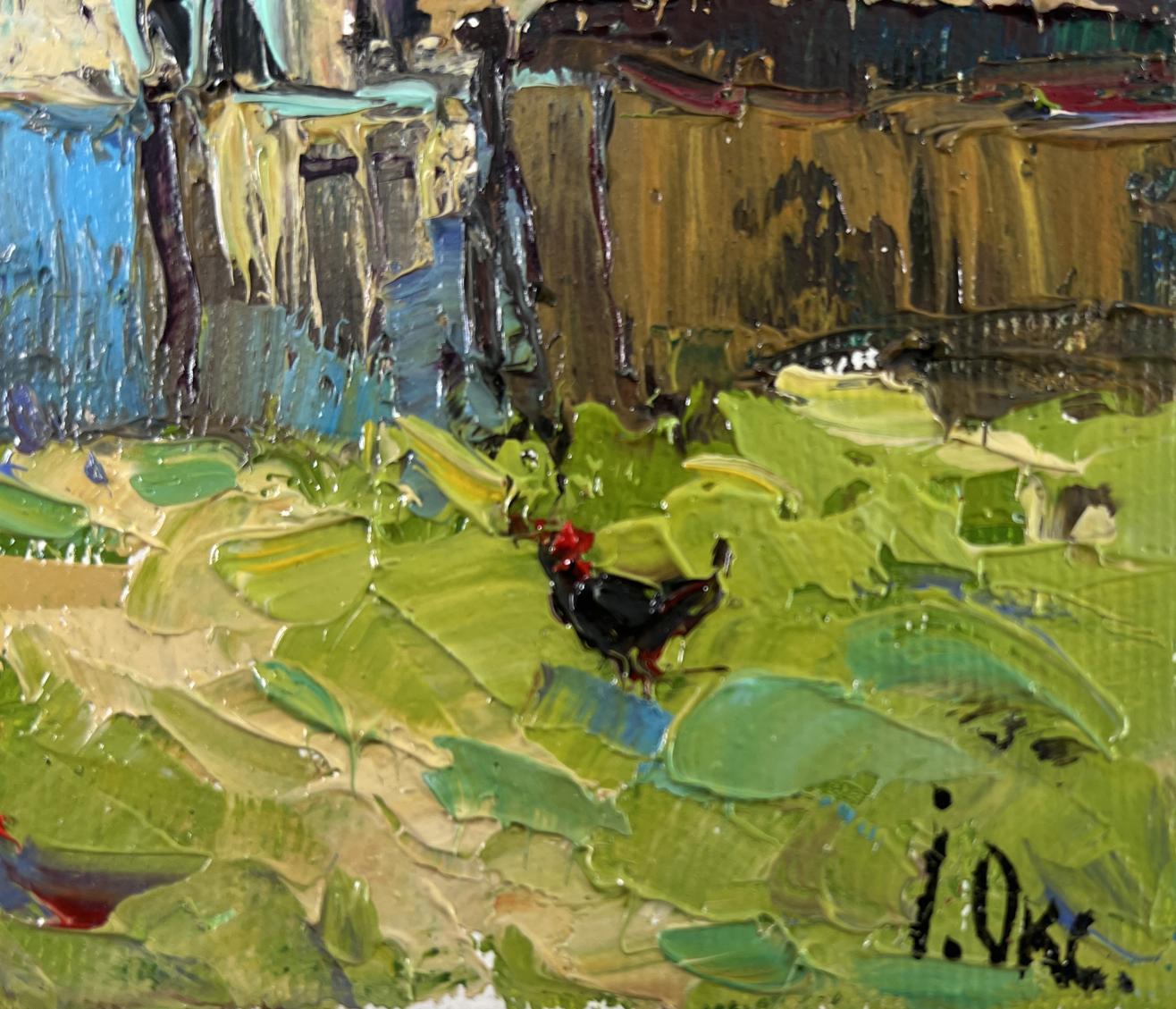 Oil painting First Warm Day by Oksana Ivanyuk: black chicken in green foliage