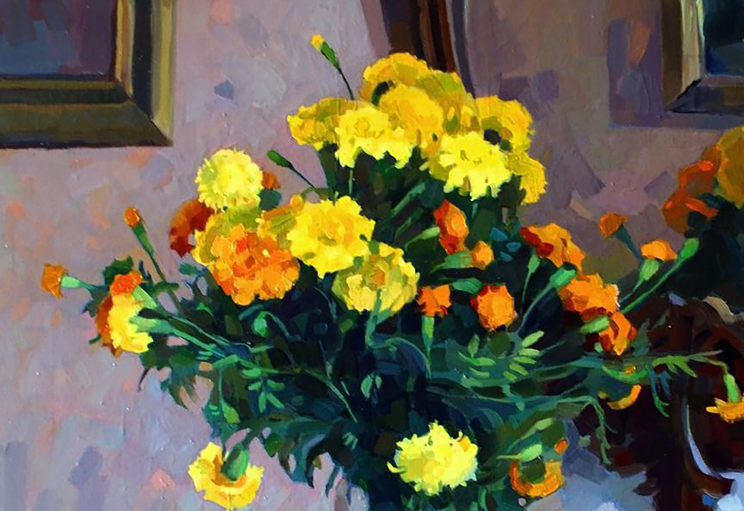 Oil painting of yellow orange marigolds by Anastasia Yaroshevich