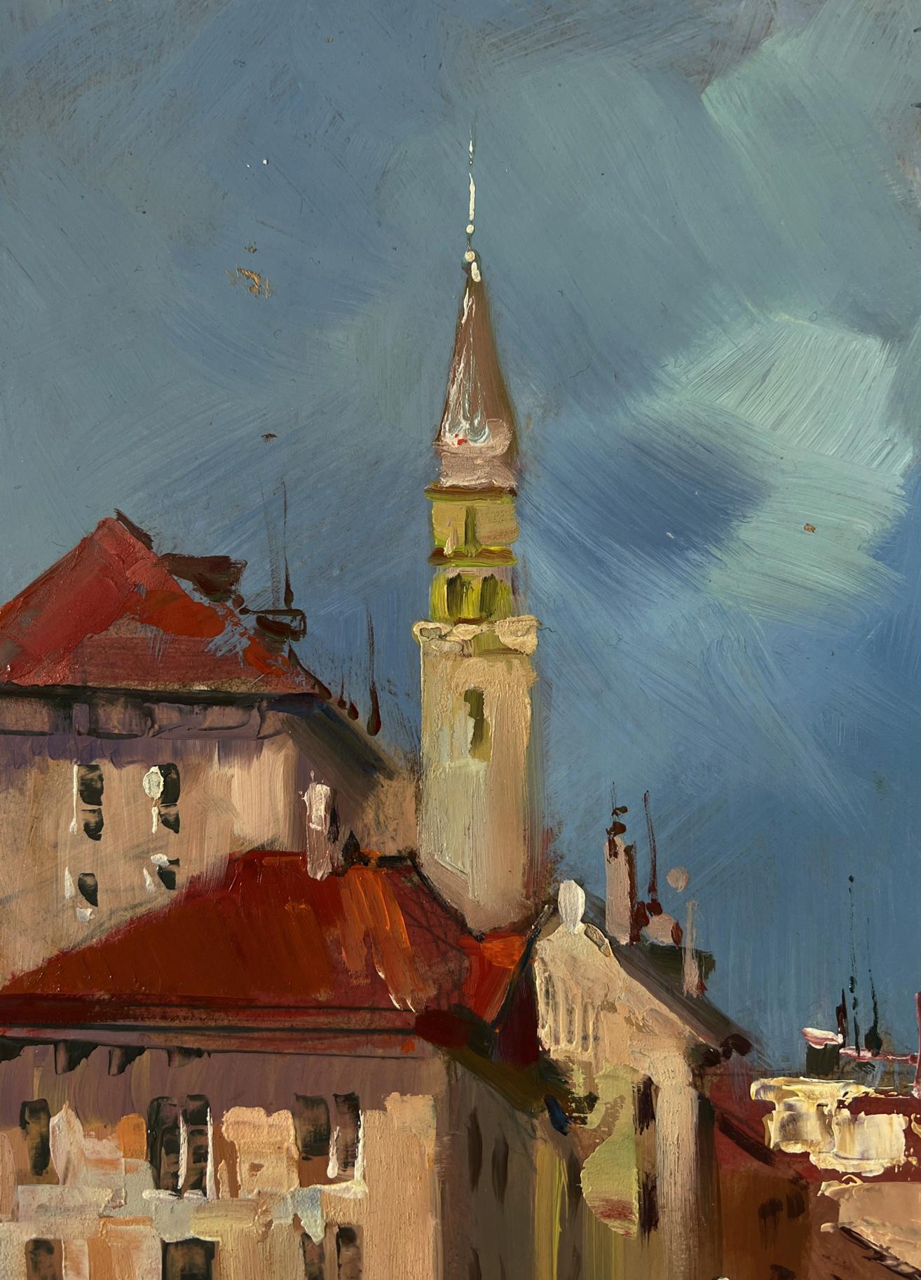 Oil painting of city with river by Yuriy Suprunchuk: tall church spire above rooftops