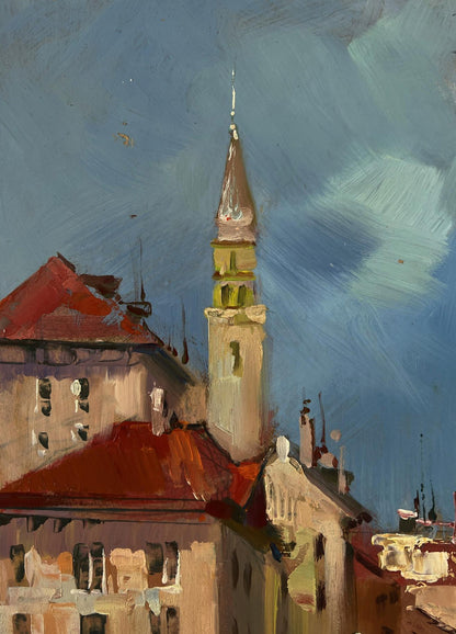 Oil painting of city with river by Yuriy Suprunchuk: tall church spire above rooftops