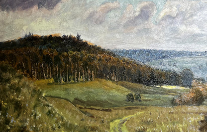 Oil painting Silence by unknown artist: green hillside, dark trees, cloudy sky