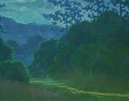 Serene moonlit forest path oil painting by Valery Savenets
