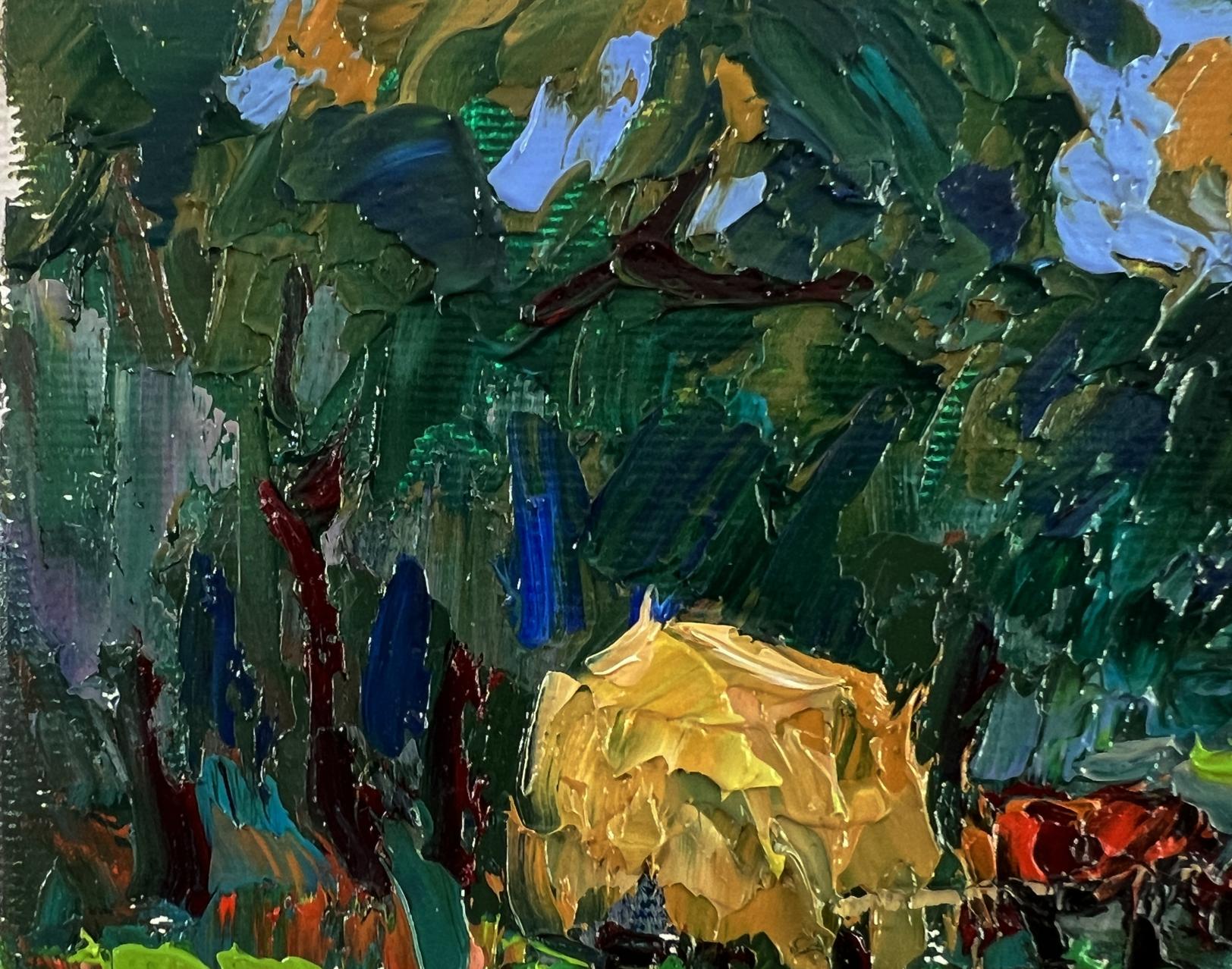 Vibrant oil painting of yellow flower near summer forest by Oleksiy Ivanyuk