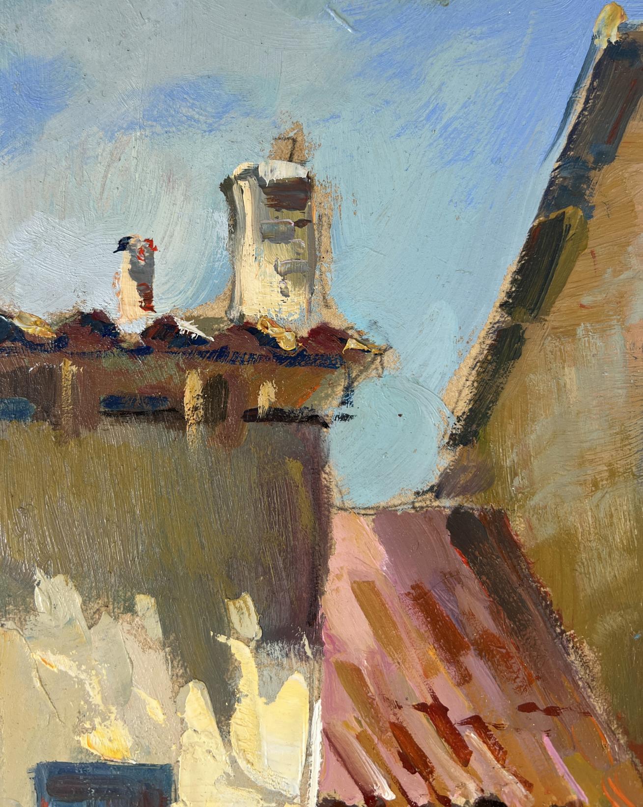 Oil painting Path to the house through the alley by Yuriy Suprunchuk: weathered chimney with bird atop rooftops