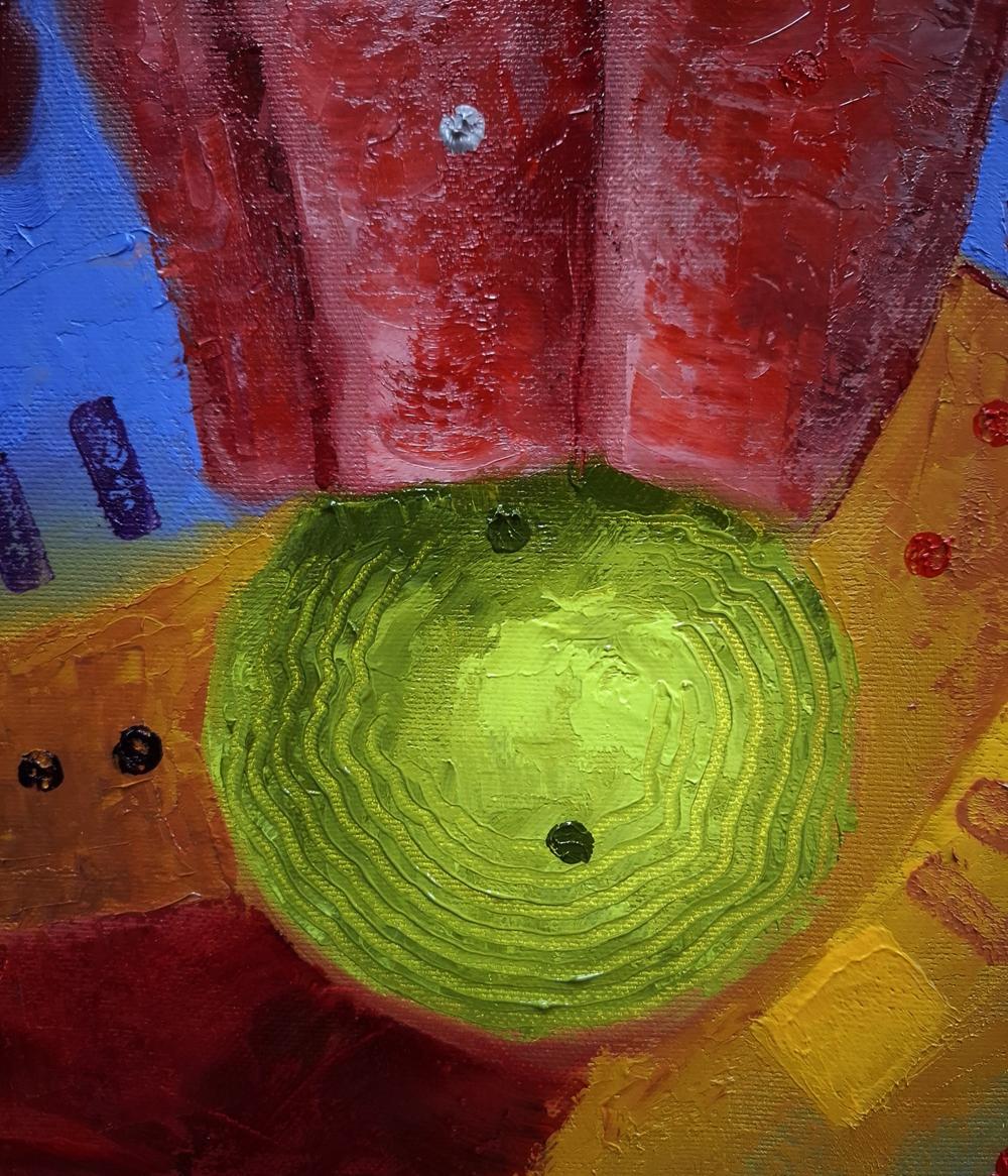 Oil painting In the Arena by Sergiy Voichenko: vibrant green circular form on red yellow abstract backdrop
