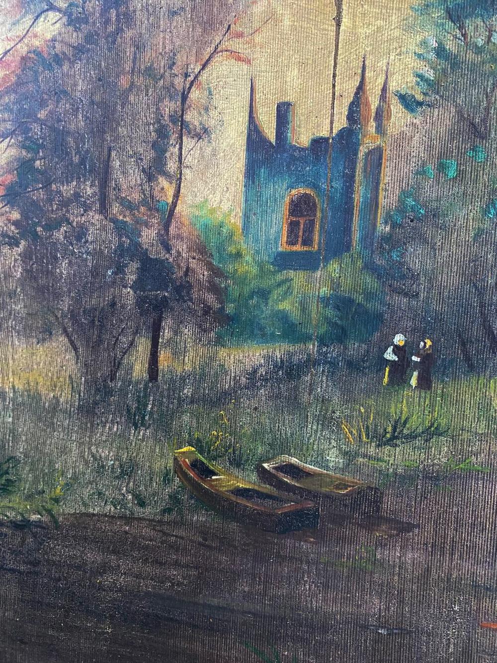Impressionistic oil painting of blue castle near monastery on canvas