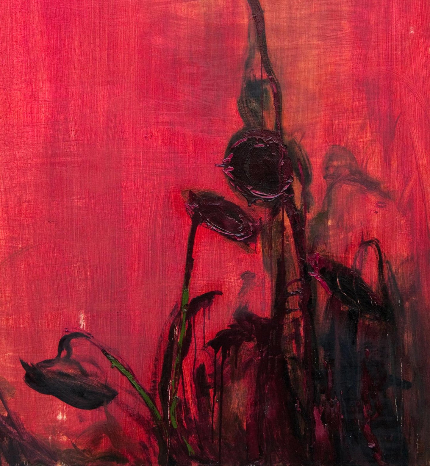 Abstract dark stylized sunflowers in fog oil painting by Natalia Korf-Ivaniuk