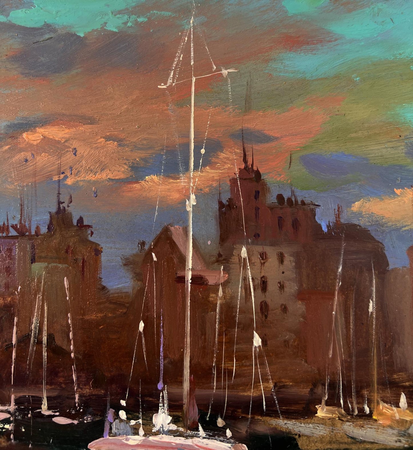 Vibrant impressionist oil painting of city sailboats at dusk by Yuriy Suprunchuk