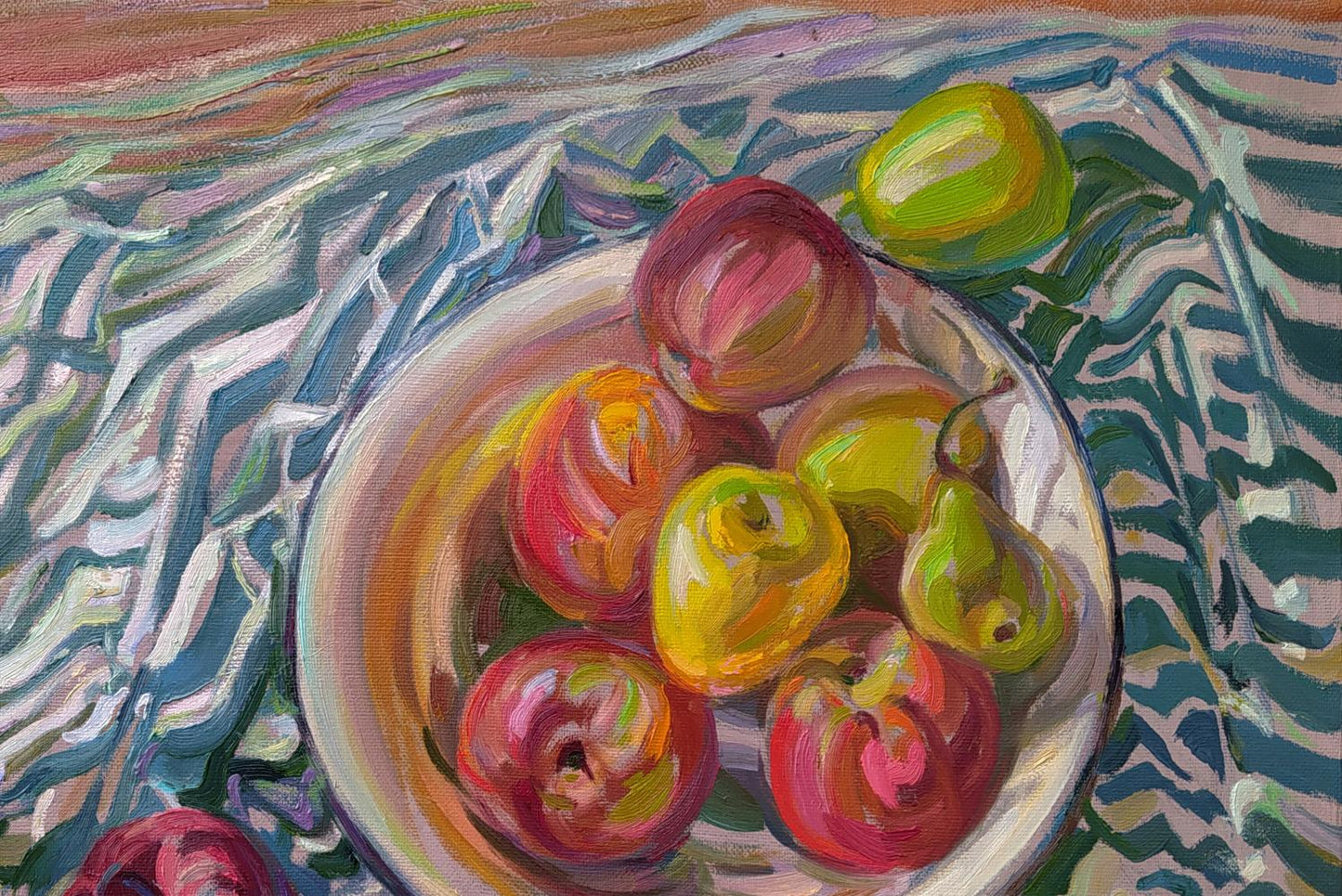 Oil painting of white bowl with red yellow apples on table by Leonid Pavlenko