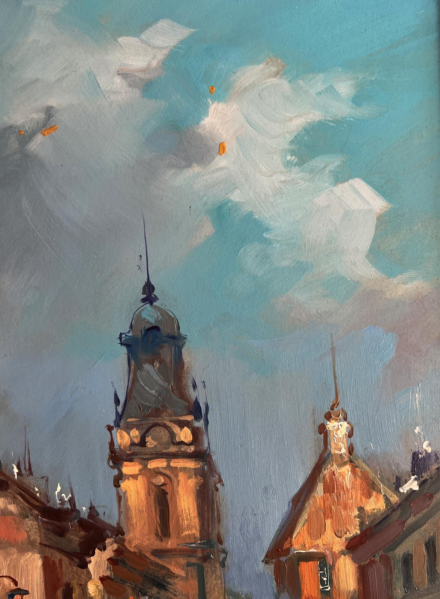 Oil painting of historic church tower and river city by Yuriy Suprunchuk