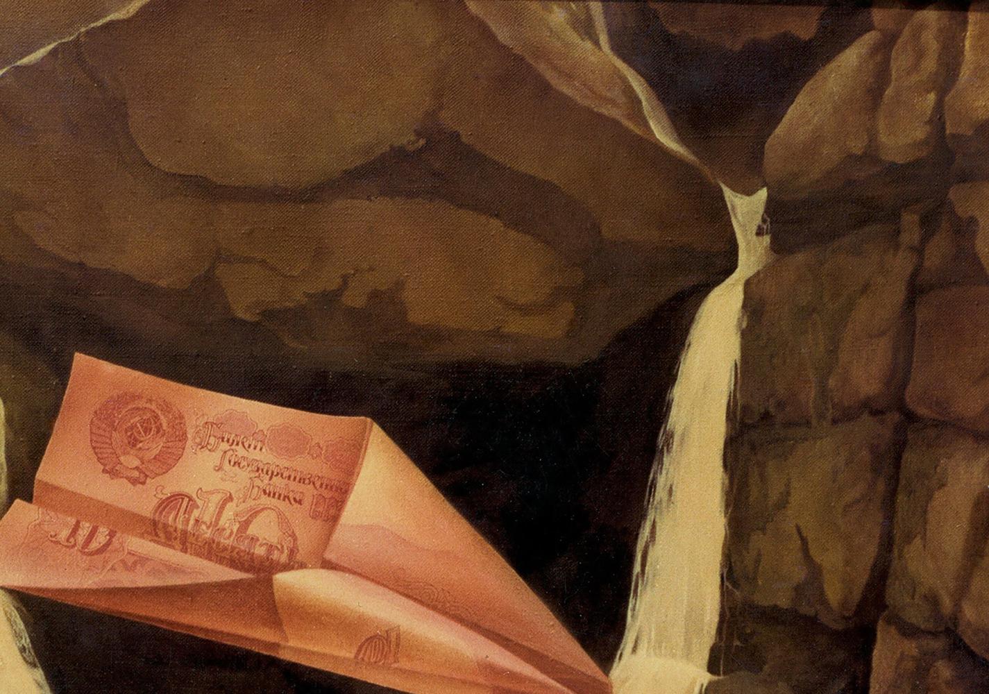 Pink 10 ruble banknote paper airplane in Oil painting The uncertainty of life by Vasily Korkishko