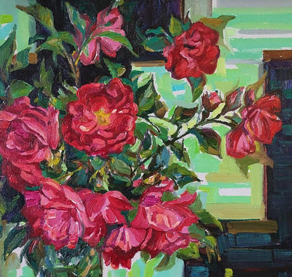 Oil painting of vibrant red roses by Leonid Pavlenko