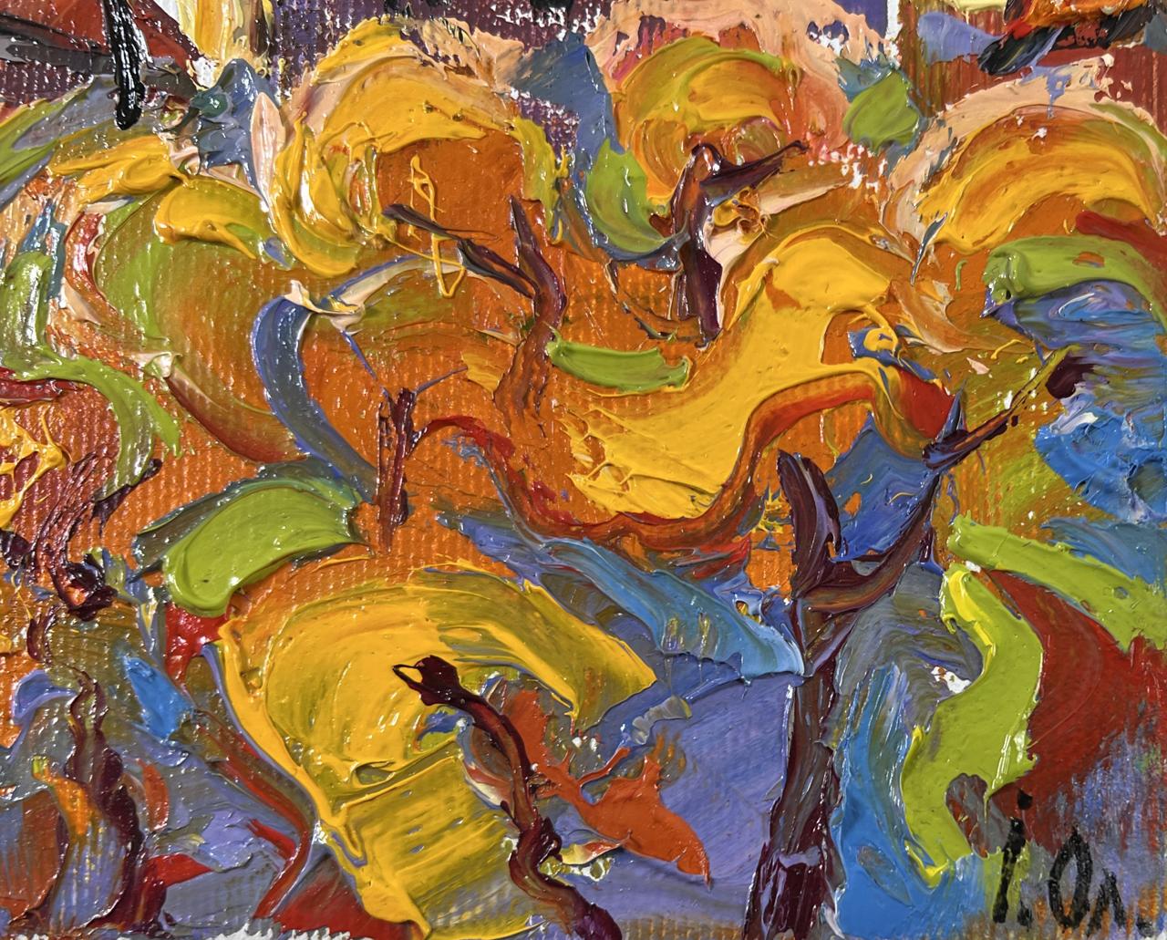 Vibrant Oleksiy Ivanyuk oil painting of autumn yellow sunset with textured brushstrokes