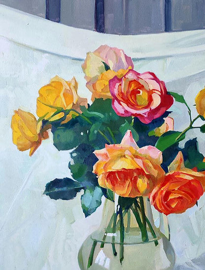 Oil painting Roses Anastasia Yaroshevich: vibrant yellow-to-pink roses in vase