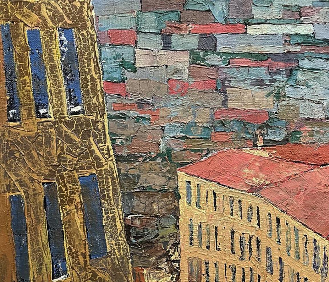 Oil painting City alley Serhiy Kovalev: textured gold blue facade red roof