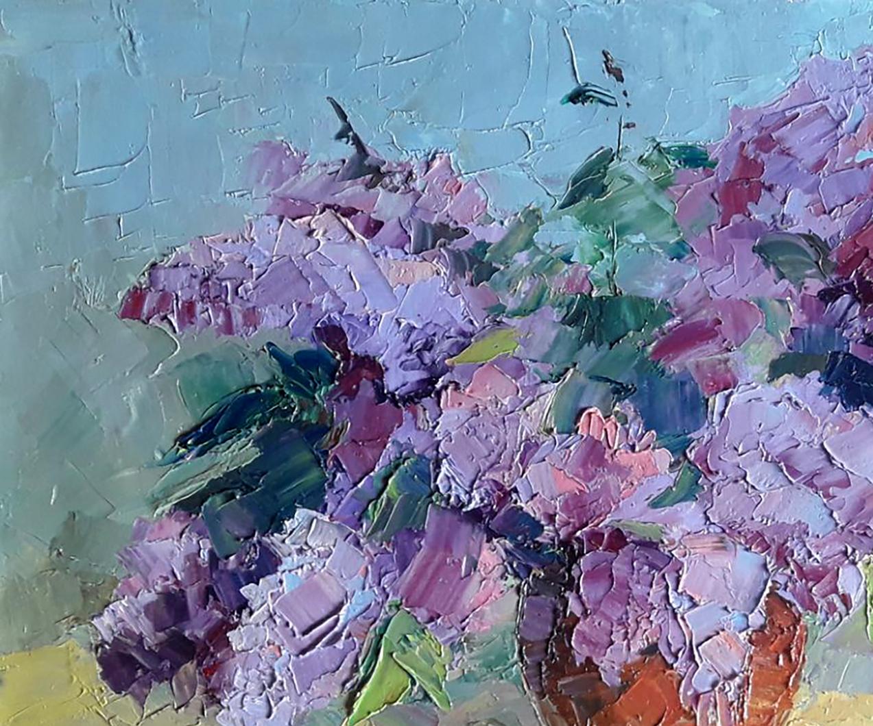 Oil painting Lilac and tangerine by Boris Serdyuk: purple pink flowers in orange vase