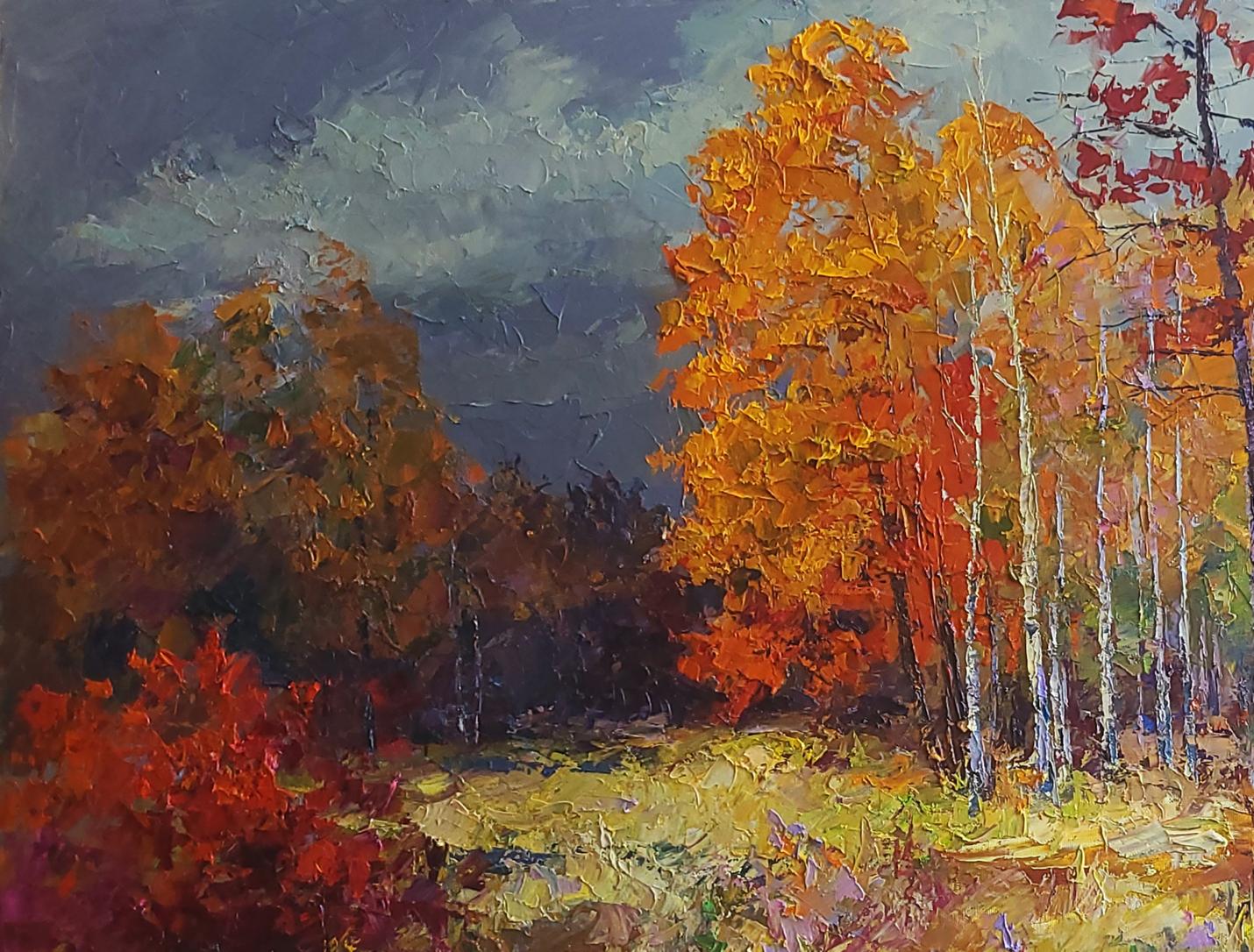 Oil painting Autumn forest by Boris Serdyuk, vibrant textured fiery scene