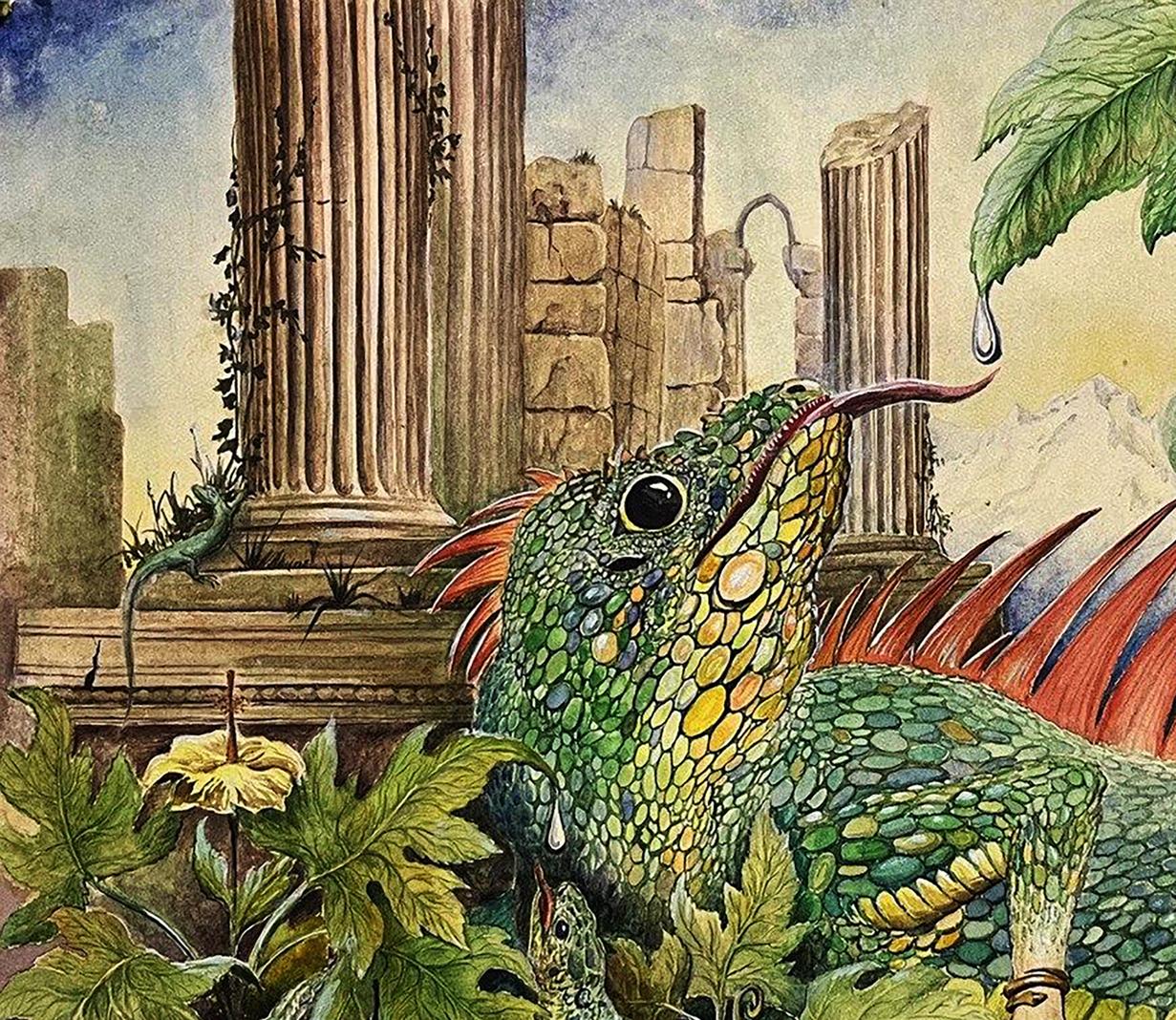 Vibrant watercolor lizard painting by Dmytro Startsev with green scales and red spines