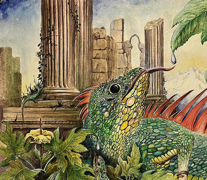 Vibrant watercolor lizard painting by Dmytro Startsev with green scales and red spines