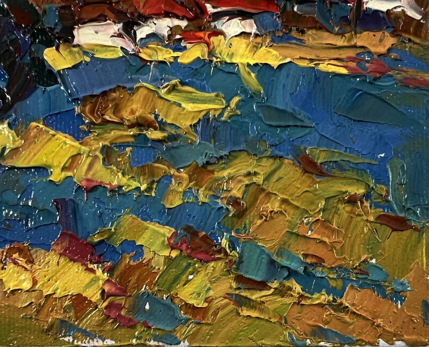Vibrant Oil painting Hot summer days by Oksana Ivanyuk in blue yellow earthy tones