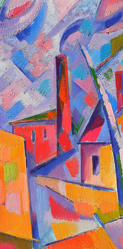 Vibrant oil painting by Peter Dobrev: bold geometric shapes, red industrial chimney