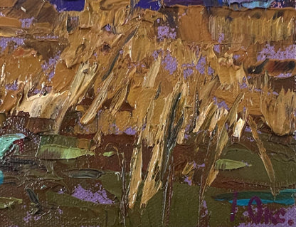 Oil painting Evening on the River by Oksana Ivanyuk with impasto golden brown and purple hues
