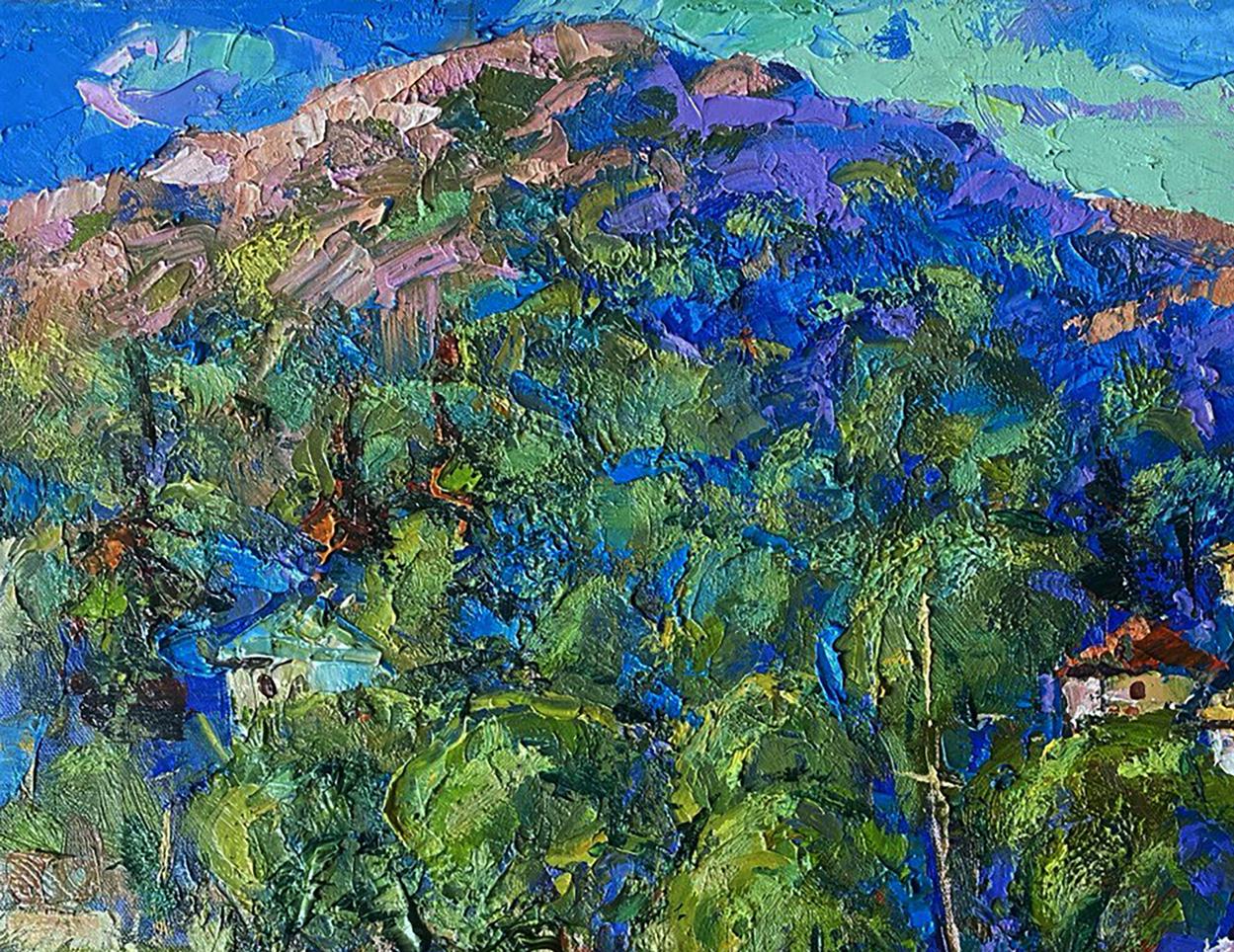 Vibrant impressionist oil painting of village in valley by Oleksiy Ivanyuk