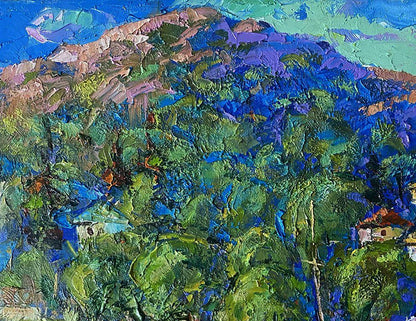 Vibrant impressionist oil painting of village in valley by Oleksiy Ivanyuk