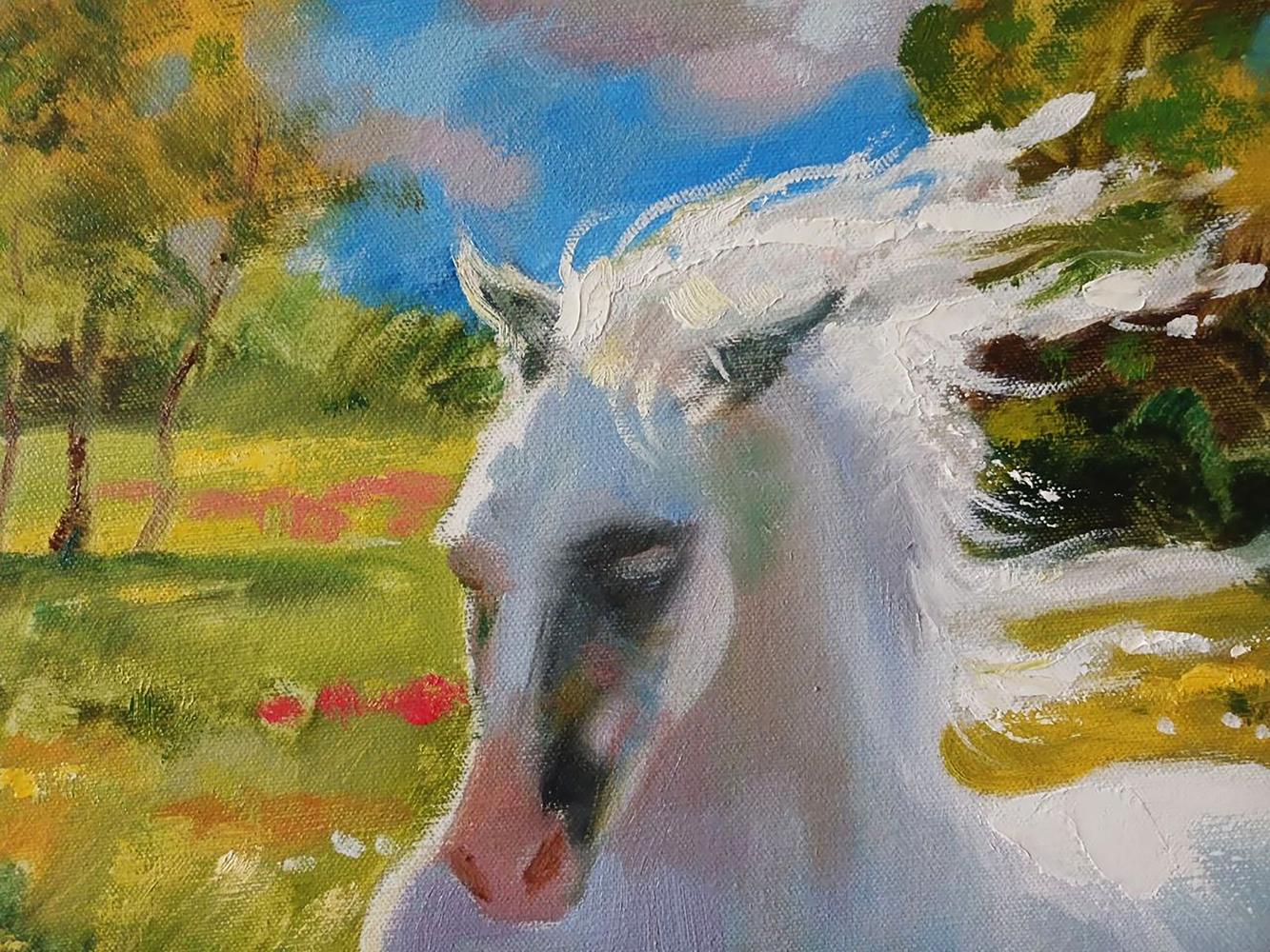 Impressionistic oil painting of white galloping horse by Anatoly Tarabanov