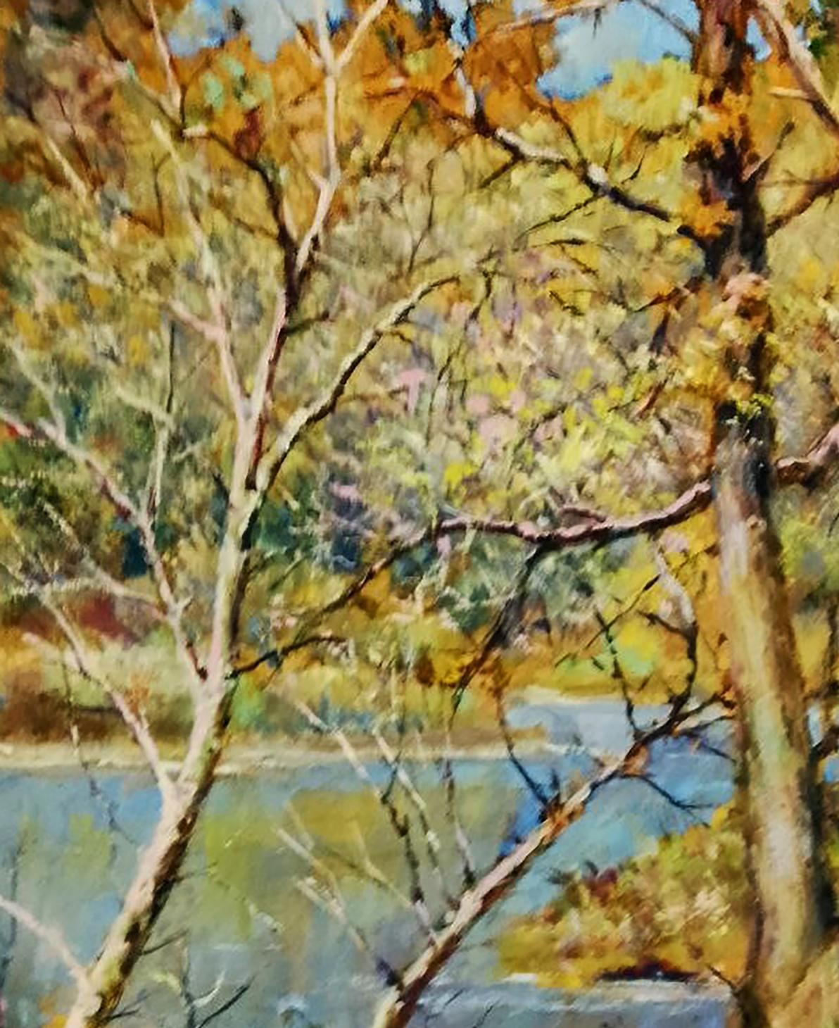 Oil painting of autumn river in forest by Vitaly Duhnevich