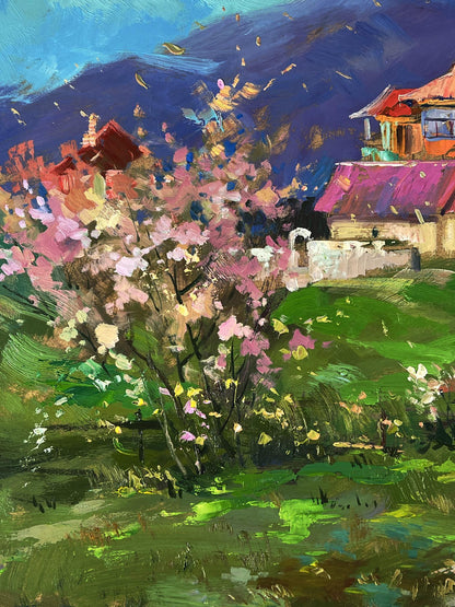 Vibrant oil painting by Yuriy Suprunchuk: pink tree, colorful houses, purple mountains