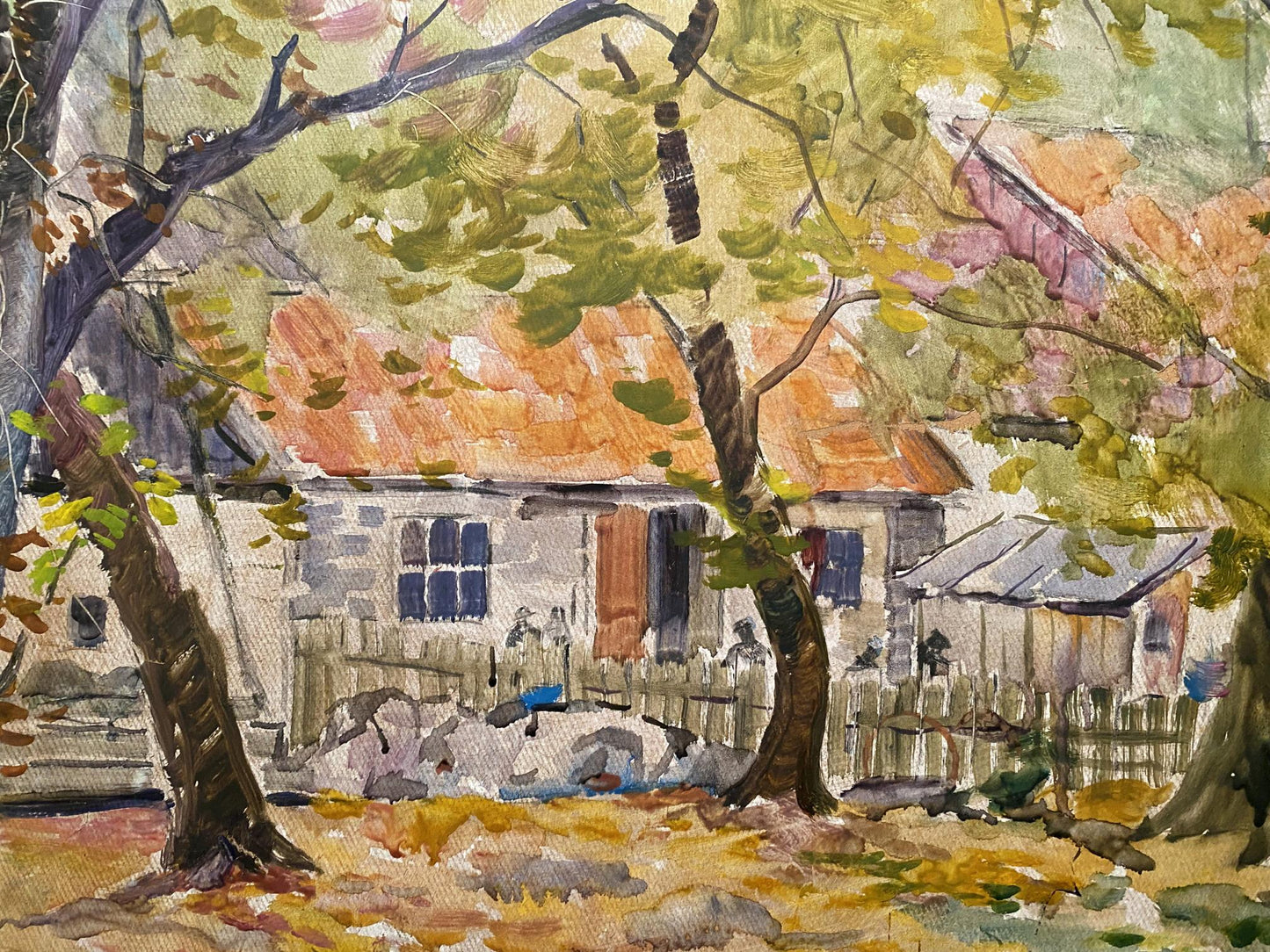Oil painting Sweet home by Nikolai Maltsev: watercolor rustic cottage with orange-tiled roof amid leafy trees