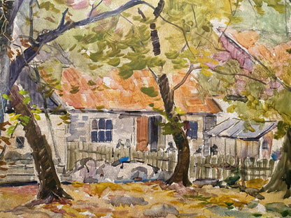 Oil painting Sweet home by Nikolai Maltsev: watercolor rustic cottage with orange-tiled roof amid leafy trees