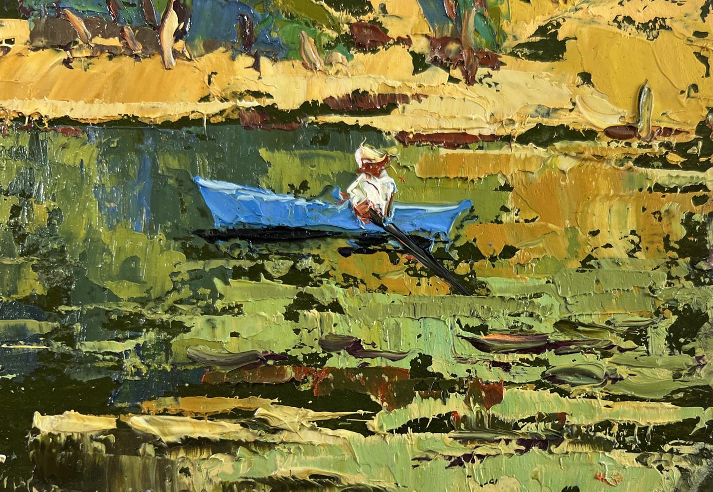 Oil painting Dawn over a quiet river by Oksana Ivanyuk: blue rowboat on green water