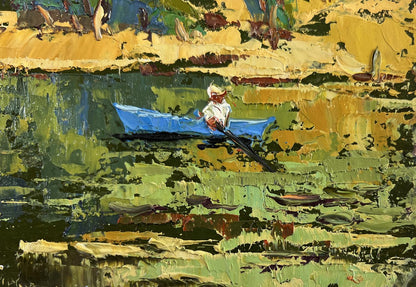Oil painting Dawn over a quiet river by Oksana Ivanyuk: blue rowboat on green water