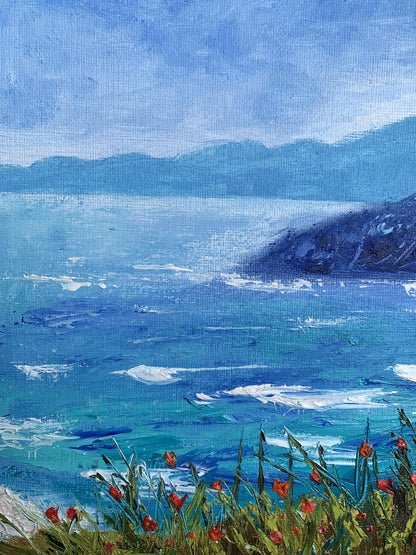 Oil painting Calm sea by Tatyana Derdey with blue waves, mountains, red poppies