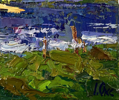 Oil painting Near the river by Oksana Ivanyuk with green foliage and blue water