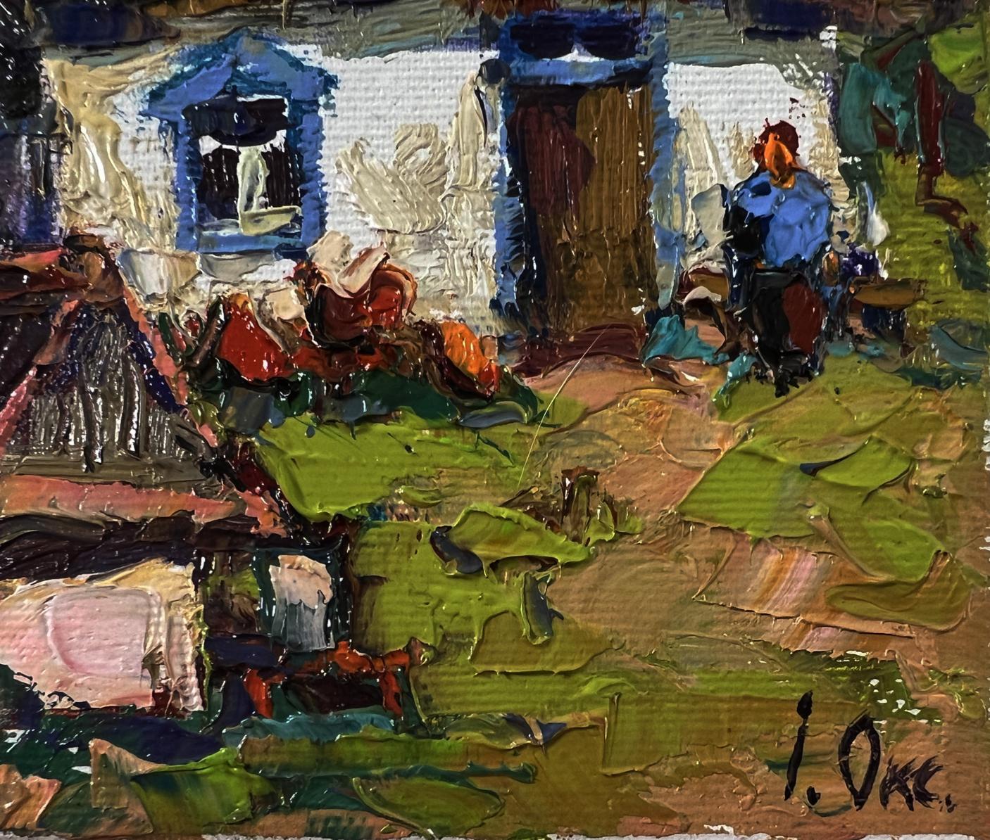 Oil painting Spring in the village by Oksana Ivanyuk house with blue windows
