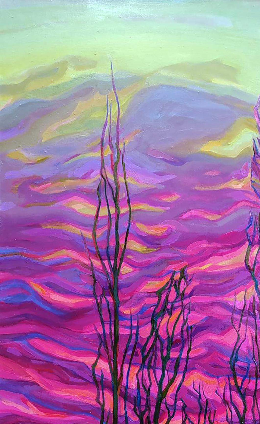 Vibrant Glow oil painting by Leonid Pavlenko: silhouetted trees in swirling pink sky