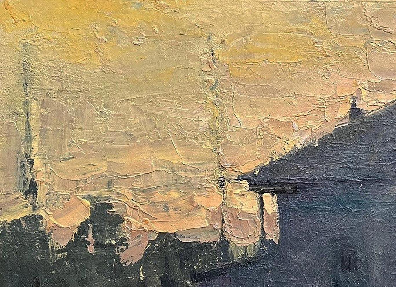 Textured impasto oil painting of village church by Volodymyr Pashchenko in ochre tones