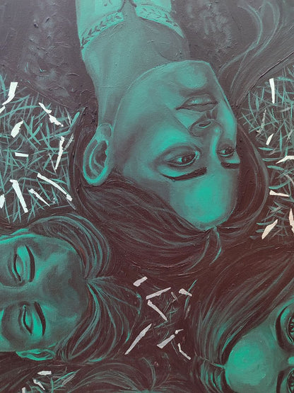 Textured teal oil painting Harmonious Womens by Oksana Sklym with overlapping faces