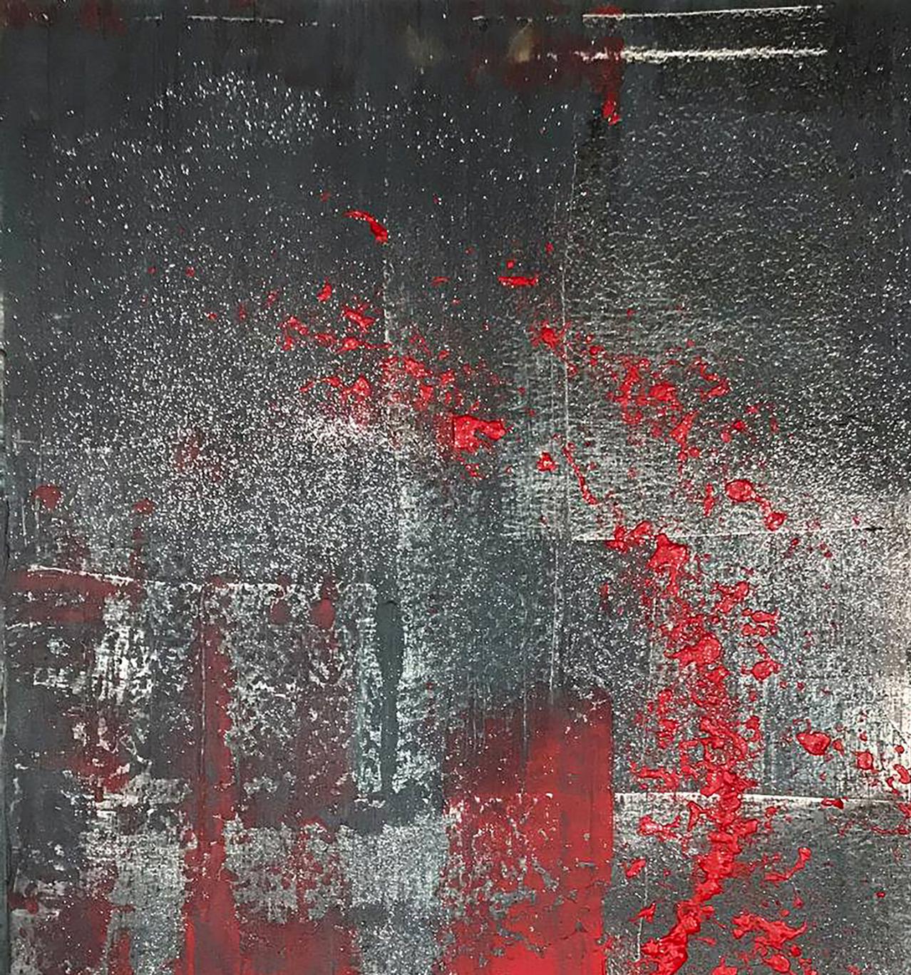 Night melody acrylic painting by Olga Melezhik with bold red splatters on dark textured background
