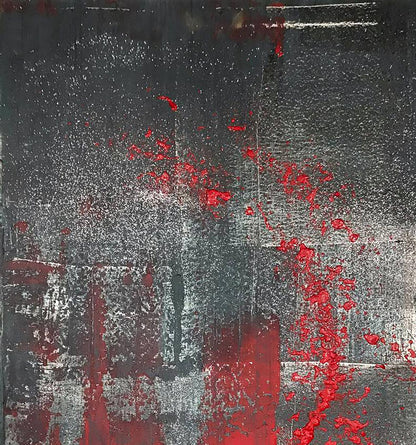 Night melody acrylic painting by Olga Melezhik with bold red splatters on dark textured background