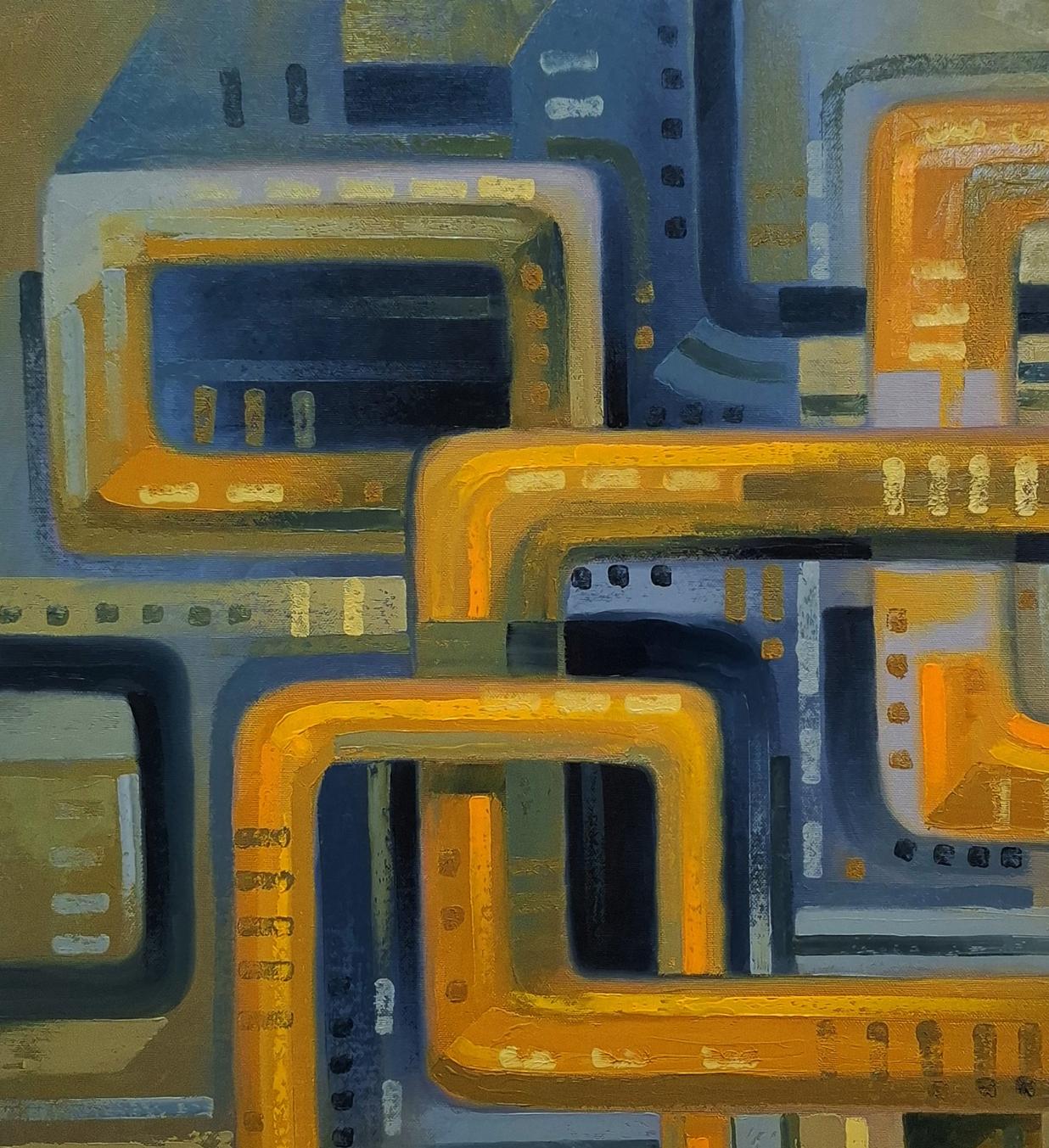 Oil painting Interaction by Sergiy Voichenko: bold orange blue geometric shapes