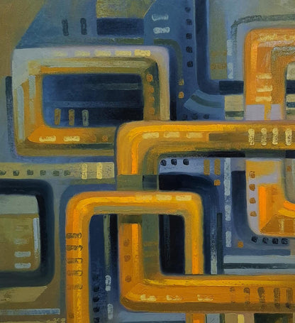 Oil painting Interaction by Sergiy Voichenko: bold orange blue geometric shapes