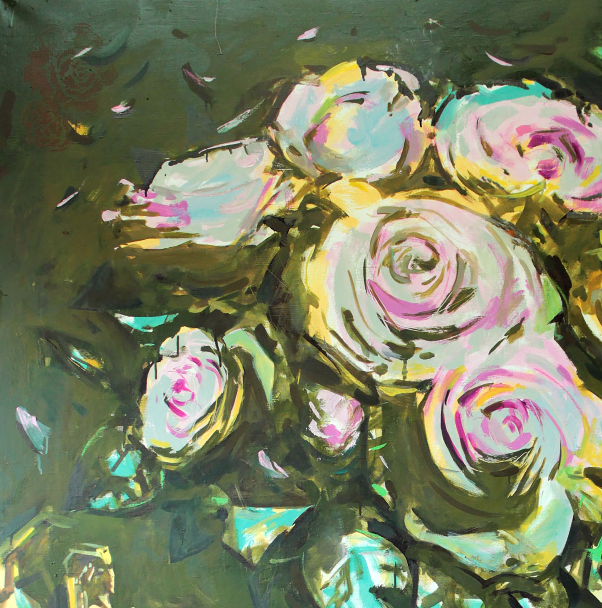 Vibrant abstract oil painting Ovation by Ed Potapenkov, pastel roses on green