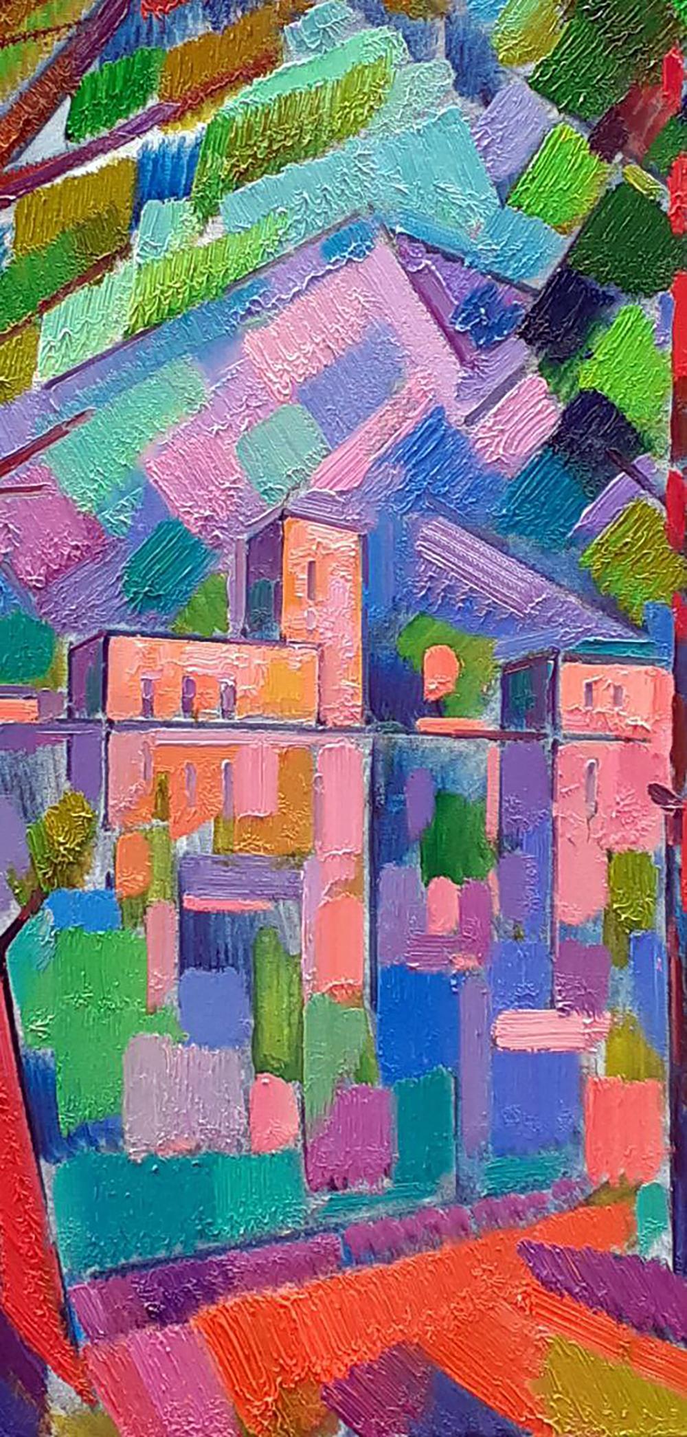 Vibrant oil painting In the mountains by Peter Dobrev with bold textured strokes